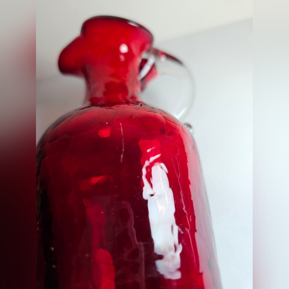 VTG Red Crackle Glass Vase Pitcher Blown Glass, Applied Handle 5" - Picture 5 of 8